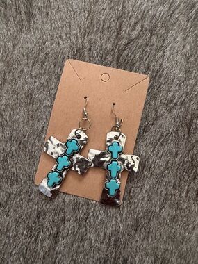 Silver Cross Dangle Earrings with Turquoise Cross Inlays